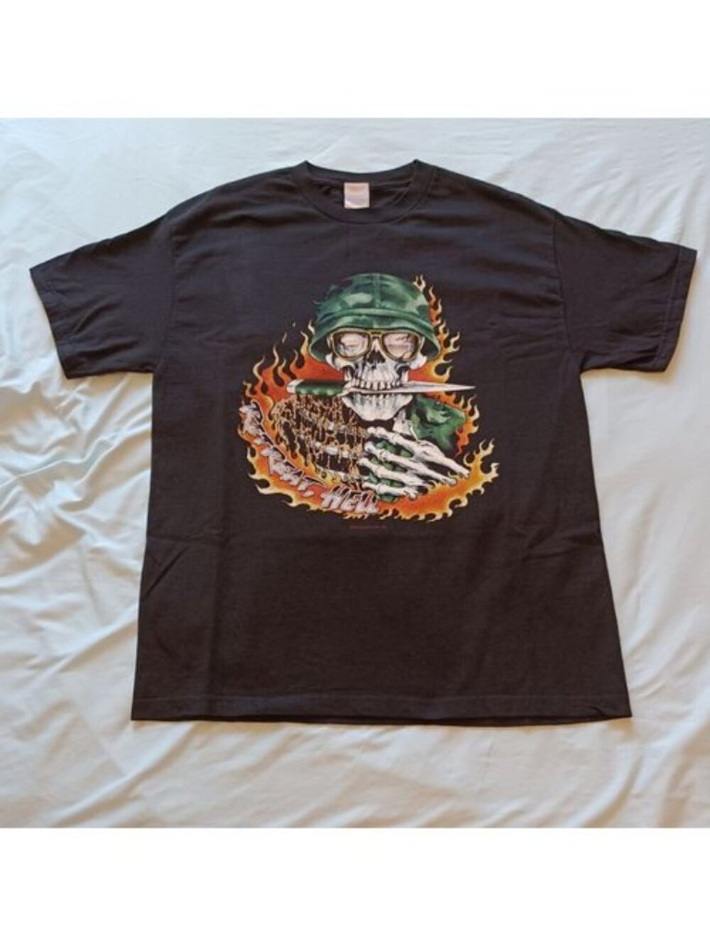 Vintage Y2K Thunder Sportswear Retreat, Hell War Skeleton Black T-Shirt Adult L